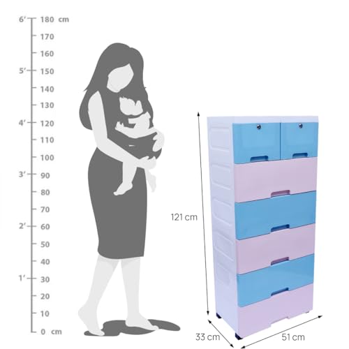 Image of The Tickle Toe Plastic Chest of 7 Drawers for Kids | Multipurpose Organizer with 2 Locks | Portable Wardrobe Cabinet for Clothes & Toys | Glossy Finish | 51L x 33W x 121H cm | 4 Blue & 3 Pink