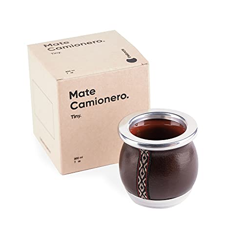 thebmate [Premium Yerba Mate Cup (Mate Gourd) - Crafted Ceramic Teacup - Brown Leather Wrapped Handmade in Uruguay - Mate Tiny - Camionero Style (Dark Brown)