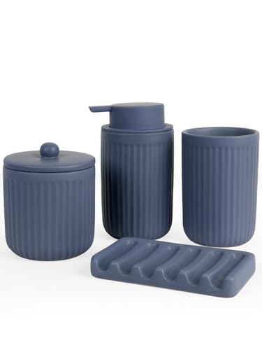 Set di accessori bagno Autumnlife Blu, 4 pezzi in ceramica - 350 ml di erogatore di sapone, bicchiere per spazzolino, portasapone e contenitore per bastoncini di cotone, set di decorazione per il