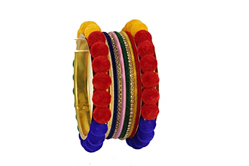 Image of NMII Stylish Metal with Golden Zircon Stone & Velvet Balls Bangles Set For Women and Girls | Fancy Designer Bangles | Short Velvet Chuda Set | Women's Fashion Jewellery