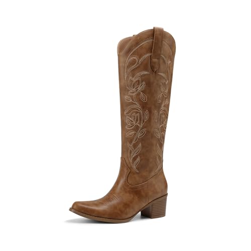 DREAM PAIRS Womens Cowboy Boots Western Comfortable Chunky Heel Square Toe Embroidered Cowgirl Knee High Boots,Size 8,Brown,SDKB26002W