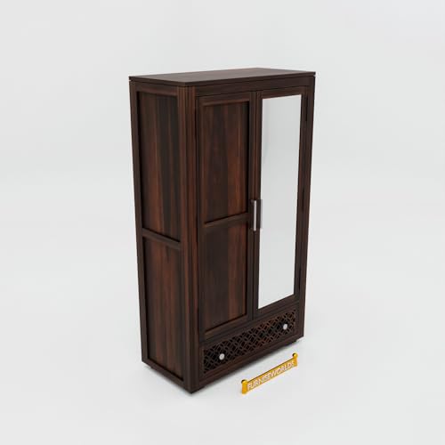 Image of Sheesham Wood 2-Door Wardrobe with Mirror, Metal Handles, 3 Shelves, Floral Carved Panel, 182.9 x 91.4 x 55.9 cm, Fully Assembled 1 Year Warrenty
