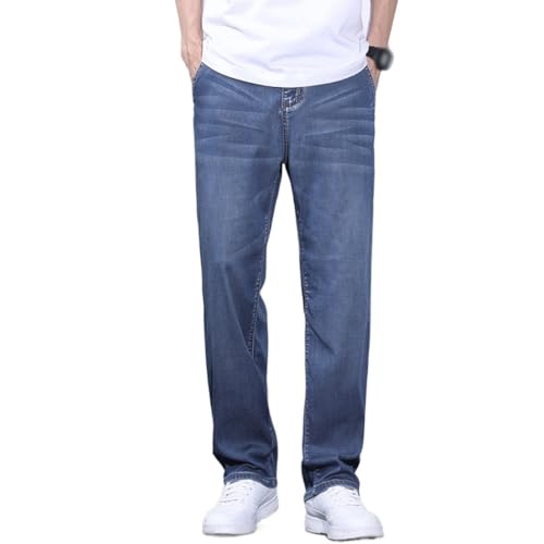 Tian Si Thin Denim Pants Loose Straight Casual Mid High Waisted Denim Pants(32) Blue