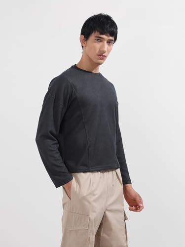 Image of The Indian Garage Co Men Boxy Textured Full Sleeves Crew Neck T-Shirt