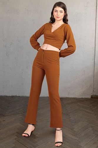 Image of POPWINGS Casual Solid Polyester Solid Crop Top and Trouser Co-Ord Set for Women | Stylish Western Co-Ord Set for Women | 2 Piece Set for Women