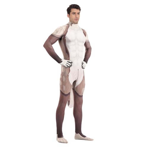 Image of Animal Full Bodysuit for Men Muscle Spandex Jumpsuit Furry Costume with Big Tail for Adult Cosplay Halloween Party