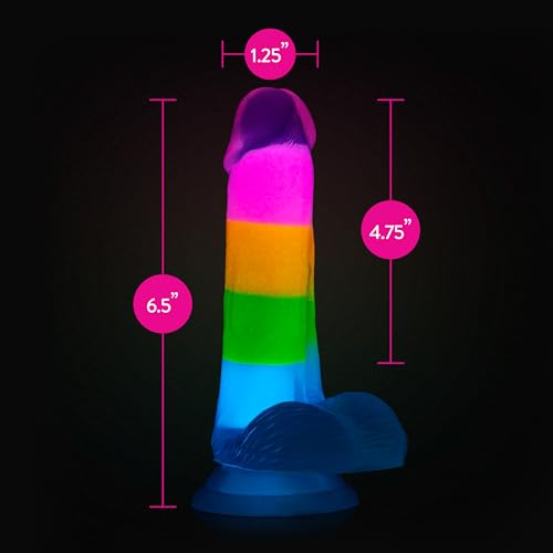 Image of Blush Neo Elite: Rainbow Rave 6.5 inch Silicone Dildo ~ 1.25 inch Wide Glowing Dildos ~ Suction Cup Strap-On Compatible ~ G-Spot Anal Vaginal Pegging Play ~ Night Pleasure Sex Toys Penis for Women Men Couples