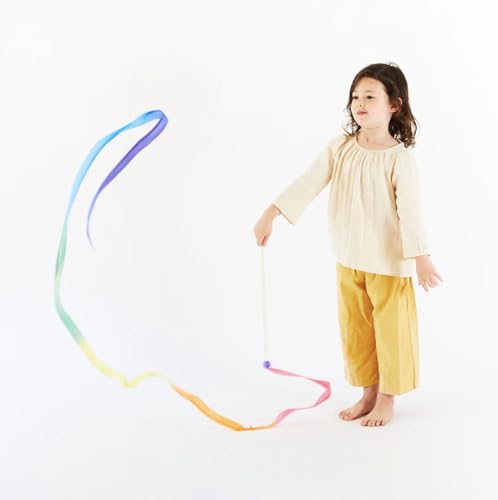 Sarah's Silks Rainbow Streamer - 8 Foot Long Ribbon Wand for Kids Dance, Baton Stick Twirling and Rhythmic Gymnastics | Bright Colored 100% Silk Ribbon and Wooden Birch Handle, Party Pack (10 Pieces) - Thumbnail 2