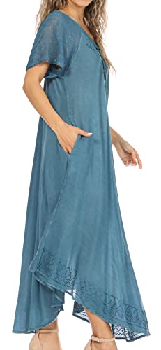 Image of Sakkas Egan Long Embroidered Caftan Dress /Cover Up with Embroidered Cap Sleeves