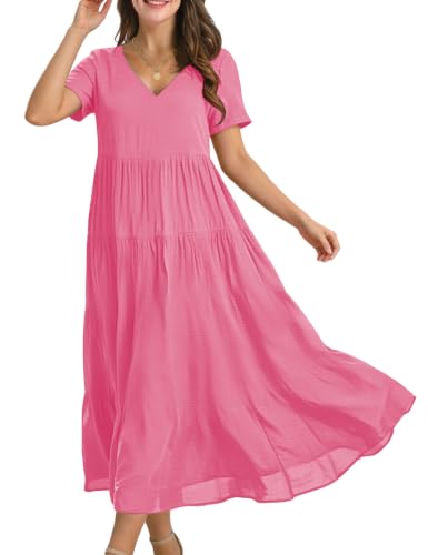 Image of YESNO Women's Summer Maxi Dresses Casual Floral Short Sleeve V Neck Boho Beach Vacation Swing Dress with Pockets EVF