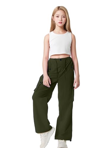 Image of HENGAO Girls Cargo Pants Parachute Casual Jogger Y2K 5-14 Years | Kids Baggy pants Parachute, Drawstring, with Pockets, Elastic High Waist, Loose Trousers Streetwear
