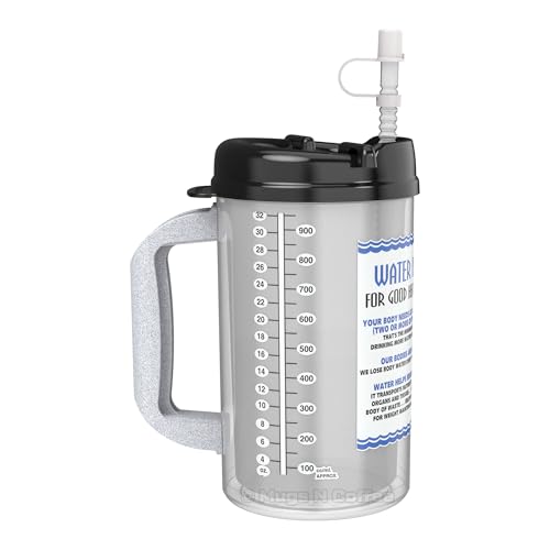 Mugs N Coffee 32 oz Travel Mug – Black Water is Essential Hospital Mug – Double Wall Insulated, Large Handle – BPA-Free, Leak-Resistant – Includes Lid and Straw – Made in USA