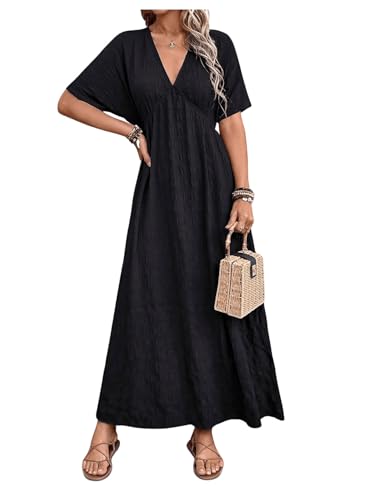 Image of SweatyRocks Women's Batwing Short Sleeve V-Neck Dress Casual High Waist A-Line Flowy Maxi Dress Black Small