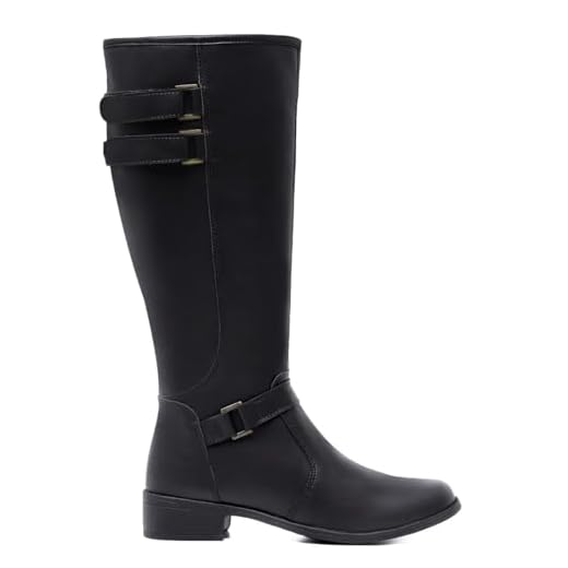 Bota Montaria Feminina Country de Cano Longo, Preta, Salto Baixo, Fivelas Decorativas, Zíper Lateral, Confortável (Preto, BR, Adulto, Numérico, 40)