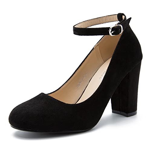 Women's Block High Heel Pumps with Ankle Strap, Round Toe, Classic Style Suede Black 25.15cm insole - US 8.5