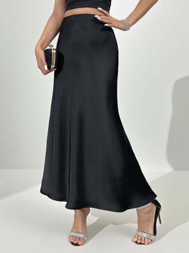 Women's Satin Midi Long Skirt Summer Black High Waist A-line Skirt Hidden Elastic Waistband Elegant Casual Skirt for Women4