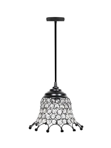 Image of Modern Crystal Pendant Light for Bedroom & Living Room | Decorative Hanging Ceiling Lamp | Warm White Ambient Light | Black Metal Frame Chandelier (Royal Victorian Bell)