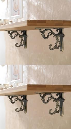 Image of Metal Handcrafted Shelf Bracket for Floating Shelves L Angle Decorative L Shaped Corner Brace Joint Heavy Duty Wall Mounted Shelf Supporter Corner Brace Holder (Brass Antique, Pack of 4)