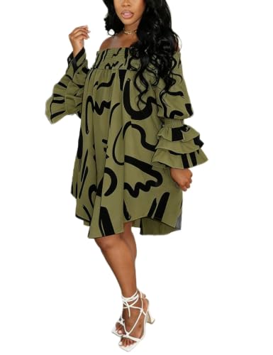 Image of WOKANSE Women's Casual Plus Size Shirred Dresses Off Shoulder Bell Sleeves Ruffle Loose Stretchy Neck Midi Dress