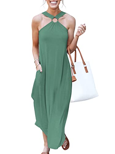 ANRABESS Women Summer Halter Neck Sundress Sleeveless Split Side Casual Beach Travel Vacation Maxi Long Dress with Pockets