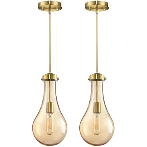 2 Pack Modern Farmhouse Hanging Kitchen Island 6.5 Inch Amber Glass Shade Pendant Ceiling Light Fixture,Brushed Bronze Finish for Over Sink Dining Room Bedside Cover
