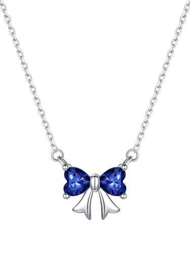 ChicSilver Bow Birthstone Necklace, 925 Sterling Silver Pendant Necklaces for Women, Hypoallergenic Silver Choker with 16 inch Rolo Chain, 12 Months Jewelry for Valentines Mothers Day Christmas