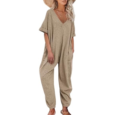 Nirovien Women's Solid Color V Neck Jumpsuits Half Sleeve Long Rompers Beam Foot Baggy Overalls Pants(Khaki,S) Cover