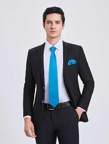 Image of HISDERN Mens Solid Color Ties Formal Satin Necktie and Pocket Square Set Classic Wedding Business Tie & Handkerchief