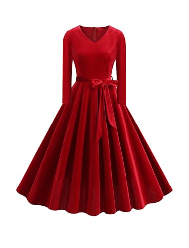 elegant christmas dresses for women over 50 Women's Retro Vintage Dress Long Sleeve Velvet V Neck Swing Dress Party Dress Womens Fall Winter 1950s Dresses for Women Wedding Guest Swing Belt Dress Red patouCode_H25DR2000226 100% Polyester Stretch Aerie Off The Shoulder Size:12-18m (34 in)