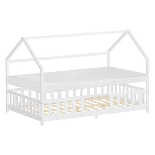 ML-Design Letto a Casetta per Bambini 120x200 cm Bianco, Una Piazza e Mezza con Materasso e Protezione Anticaduta, Tetto e Rete a Doghe, Letto Montessori in Legno Massello di Pino, per Cameretta
