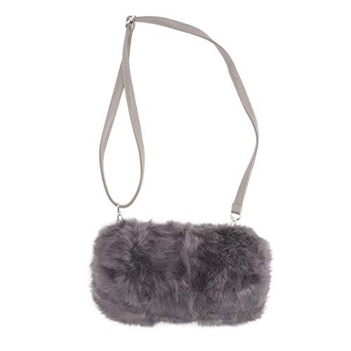 surell - Luxurious Rabbit Fur Handmuff Bag - Pleather Fluffy Muff Bag w Long Strap
