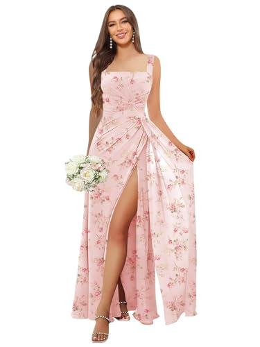 Image of HANVAIOS Square Neck Bridesmaid Dresses Long Chiffon Formal Maxi Dress with Slit