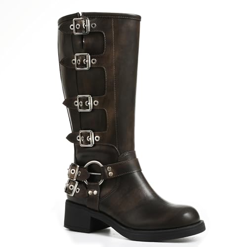 AMINUGAL Brown Knee High Boots Women Square Toe Pull On Wide Calf Moto Riding Festival Fashion...