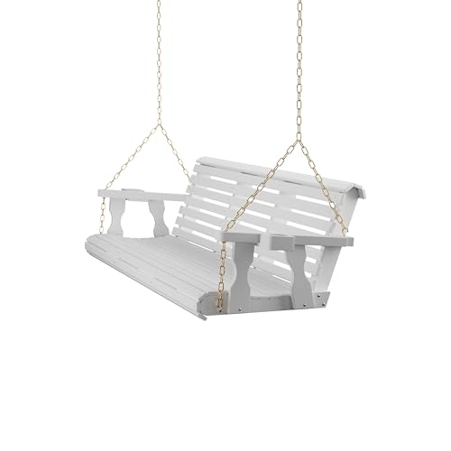 Image of Amish Casual Heavy Duty 700 Lb Capacity Porch Swing with Cupholders (6 Foot, Semi-Solid White Stain) - Wooden Outdoor Roll Back Swing with Hanging Chains - Amish Made in the USA