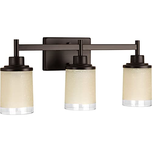 Image of Progress Lighting Alexa Collection 3-Light Etched Umber Linen with Clear Edge Glass Modern Bath Vanity Light Antique Bronze