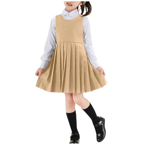Girls Preppy Style Pleated Jumper Dress with Long Sleeve Cute Collared Shirt 2 Piece School Uniform Outfits for 3-15 Years