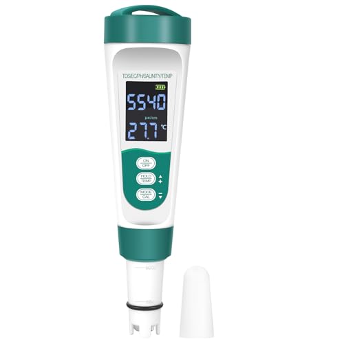 Medidor Cloro y PH Piscinas,5 en 1Medidor PH/TDS/EC/SALT/TEMP Probador de Calidad del Agua, Pantalla LCD con Retroiluminación Verde, para Piscinas, Acuarios, Hidroponía y Agua Potable