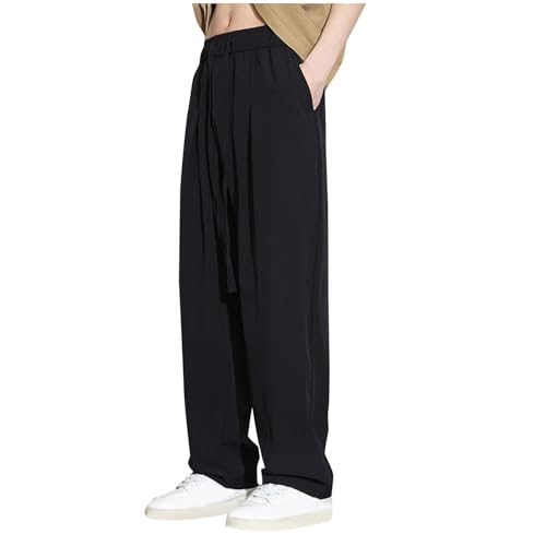 Casual Pants for Men Summer Lightweight Straight Leg Pant Solid Color Drawstring Elastic Waist Long Pants with Pockets