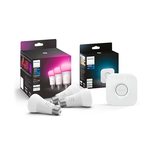 Image of PHILIPS Hue Smart Lighting Bundle: 3-Pack White and Color Ambiance A19 LED Smart Light Bulbs with Philips Hue Bridge - Control with Hue App, Compatible with Alexa, Google Assistant, Apple Homekit