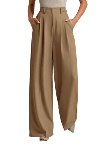 Image of KOTTY Women's High Waist Solid Color Hook and Bar Wide Leg Trousers Loose Comfort Trouser with Pockets