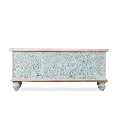 Image of Natura Solid Wood Coffee Table for Living Room Wooden Trunk Box for Storage | Handcrafted Center Table for Living Room with Sandook Storage | Pitara for Home & Bedroom (Light Blue Distress)