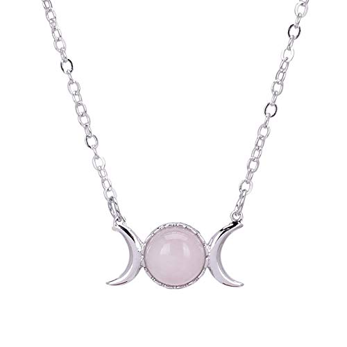 Silver Triple Moon Goddess Symbol Opal Natural Stone Pendant Necklace