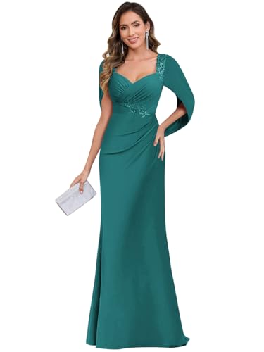 Women's Mermaid Mother of The Bride Dress with Cape Floor Length Lace Formal Evening Gown
