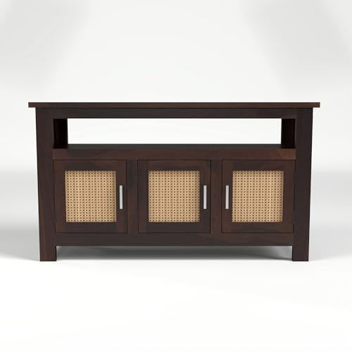 Image of Sheesham Wood Kitchen Cabinet with Cane Woven Doors | Solid Wood Storage Sideboard with Open Shelf & 3 Door Cabinet | Rosewood Storage Cabinet for Living Room (Walnut Finish)