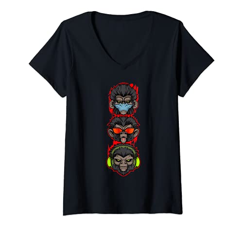 Womens Three Wise Monkeys See Hear Speak No Evil 3 Mystic Apes V-Neck T-Shirt