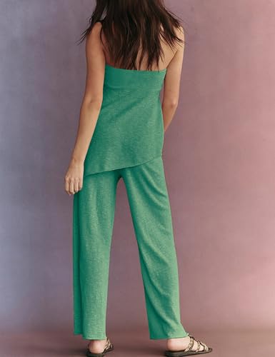 Image of Women Summer Knit Sweater Sets Sexy Tube Top and Loose Pant Lounge Matching Set 2025 2 Piece Outfits