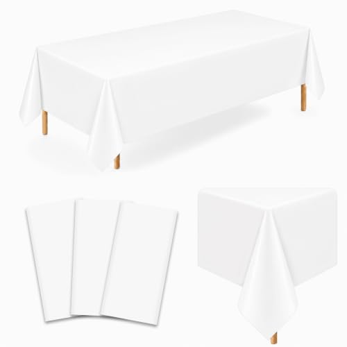 Image of 3 Pack White Plastic Tablecloths, 54 x 108 Inch Disposable Covers | Ideal for Weddings, Bridal Showers, Birthdays and Graduations, Helping Protect Tabletops and Simplify Event Cleanup