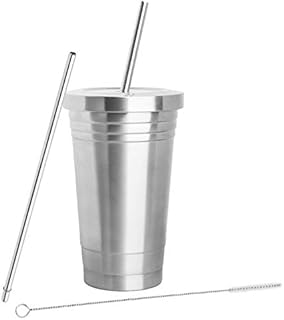Stainless Steel Tumbler (16oz) with 2 Stainless Steel Straws, Cleaning Brush & Dual Layer Insulation - Ideal Travel Tumbler to Keep Your Hot and Cold Drinks at Temperature Longer