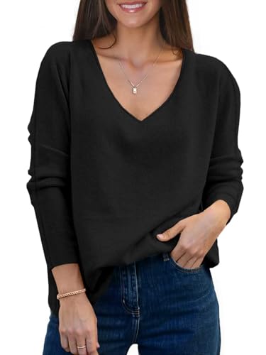 Saodimallsu Womens Fall Sweaters V Neck Long Sleeve Casual Loose Lightweight Soft Pullover Sweater Knit Tops