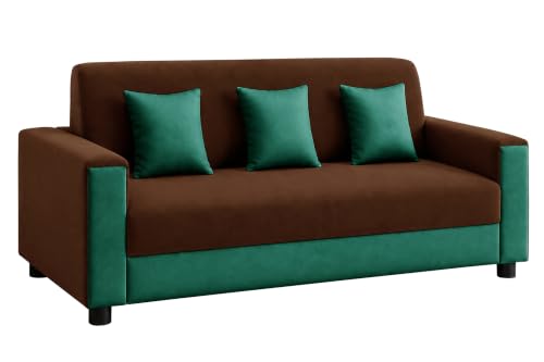 Image of 3 Seater Wooden Sofa | Velvet Fabric Couch with Cushions | Comfortable Living Room Sofa | Sturdy Wooden Frame | Home & Office Furniture | Brown & Green
